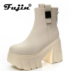 Fujin 11 centimetri Nuovo Cuoio Microfibra Delle Donne di Alto Aumento Casual Stivaletti Della Piattaforma Zeppa Pompe Tacchi Scarpe Bianche Scarpe Invernali