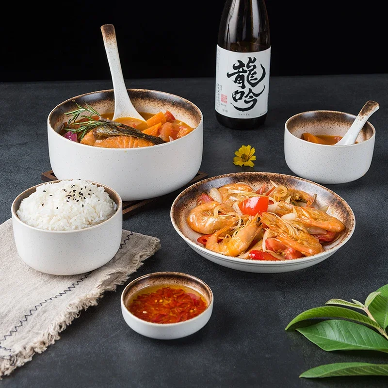 LingAo Japanese Ceramic Rice Bowl, Plate, Tableware Set, Household
