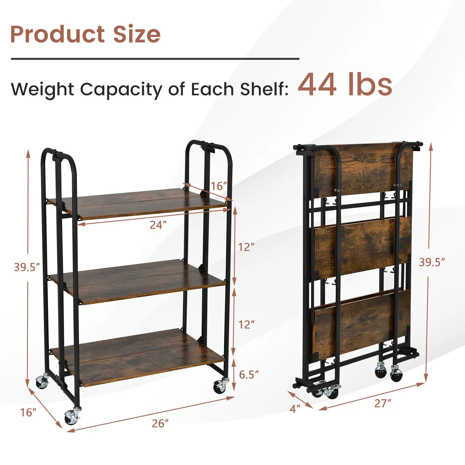 Costway 3-Tier Folding Bar Cart Kitchen Serving Island Utility Cart Storage Shelves