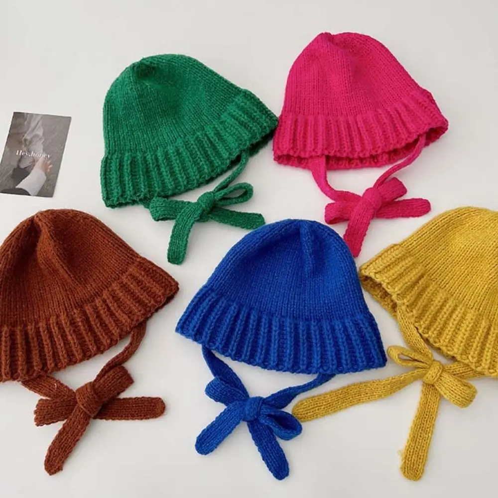 Fashion Bowknot Strap Knitted Hat Wool Hat Korean Crochet Basin Cap Warm Cap Jennie Style Knit Beanie Apparel Accessories