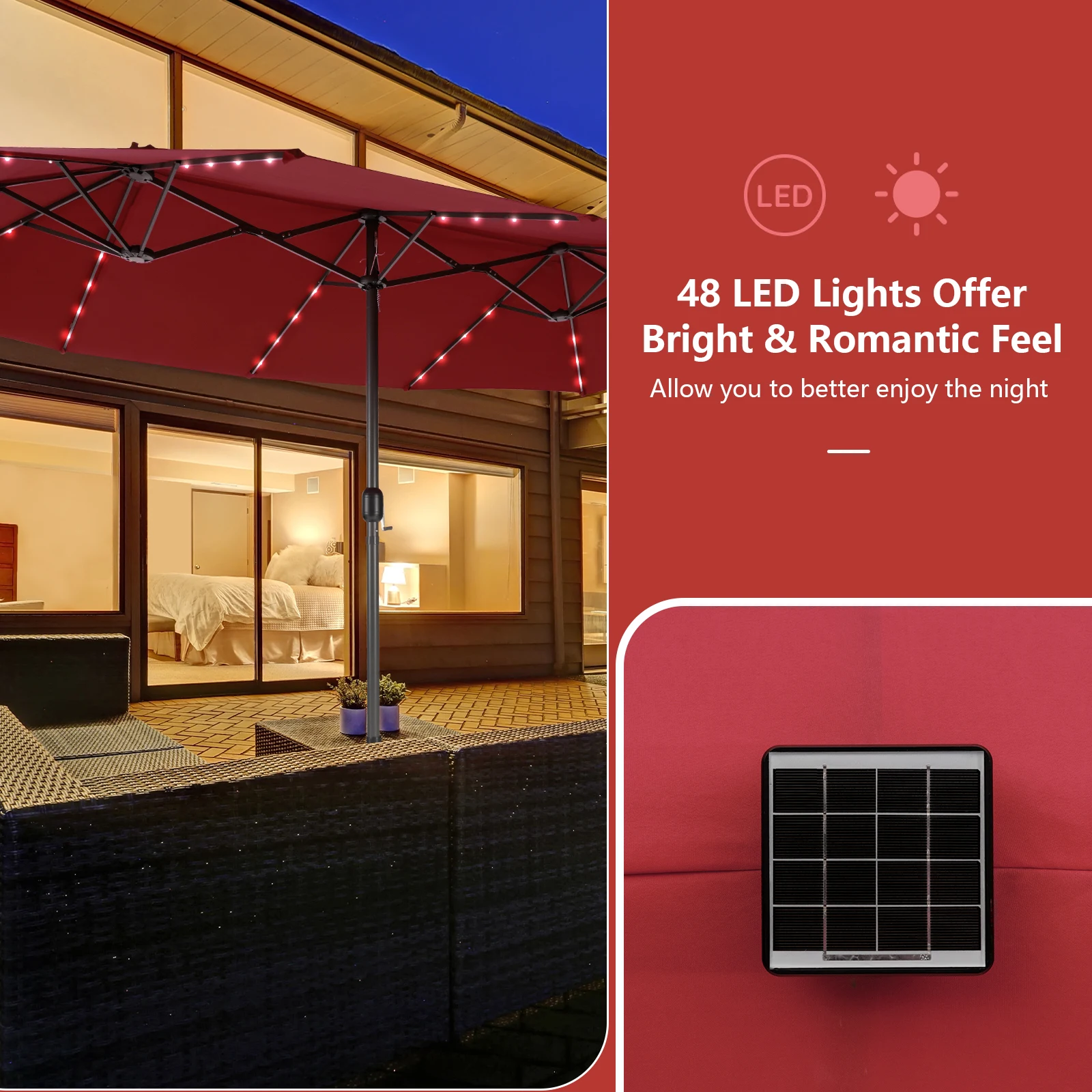 15ft doppelseitiger Sonnenschirm 48 Solar LED-Leuchten Kurbel & Basis Wein im Freien