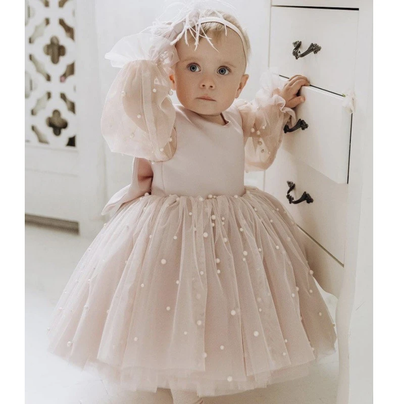 Flower Girl Dresses Dusty Pink Tulle Puffy Pearl Skirt With Bow Long Sleeve For Wedding Birthday Party First Communion Gowns