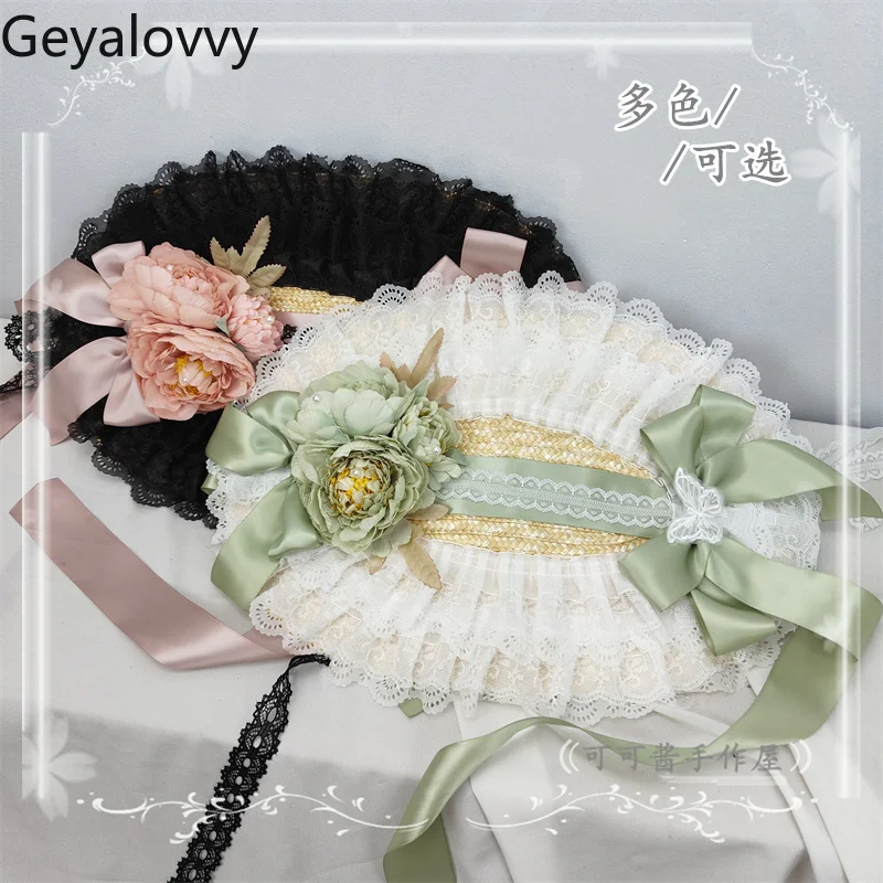 일본 오리지널 로리타 목가적 인 꽃 플랫 모자 달콤하고 귀여운 소녀 다목적 모자 레이스 레이스 업 바이저 밀짚 모자 액세서리
