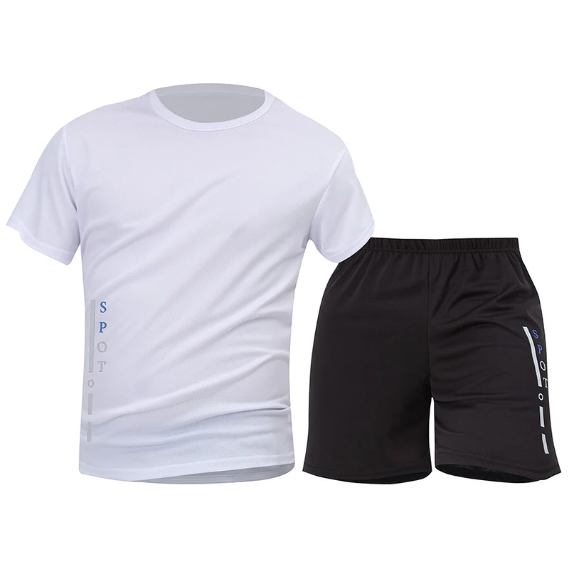 2 قطعة الرجال أبيض وأسود بسيط التجفيف السريع تنفس دعوى الشباب الرياضة قصيرة الأكمام منتصف العمر حجم كبير جوكر السراويل #5