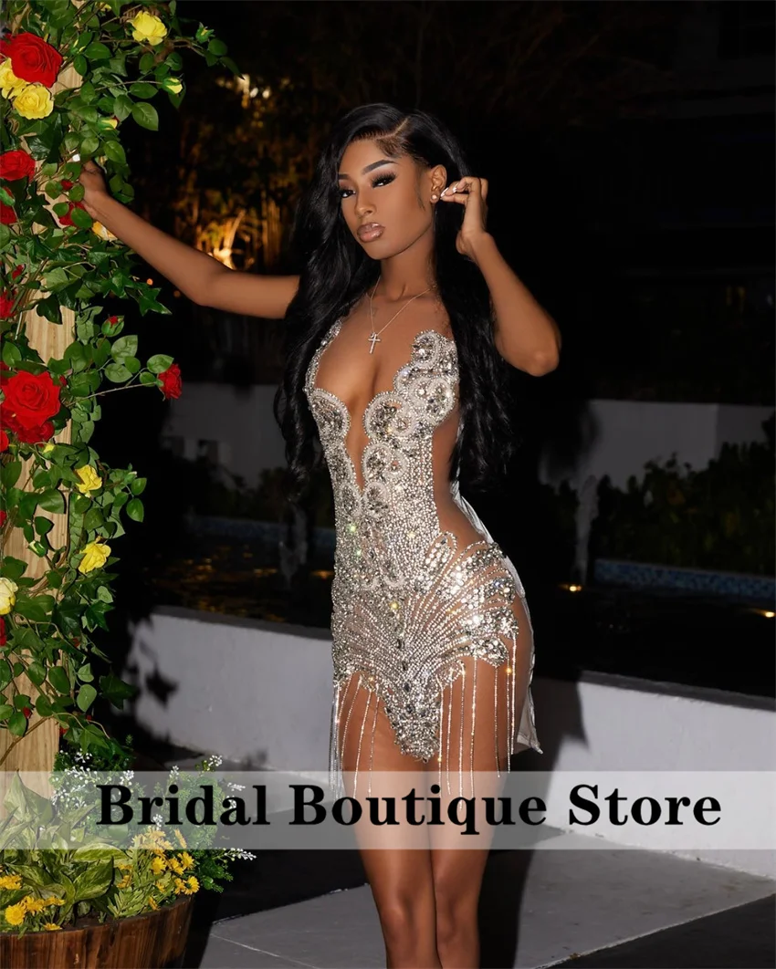 Sexy Sparkly Diamonds Short Prom Dress For Black Girls 2024 Glitter Crystals Rhinestone Beads Birthday Party Cocktail Gown