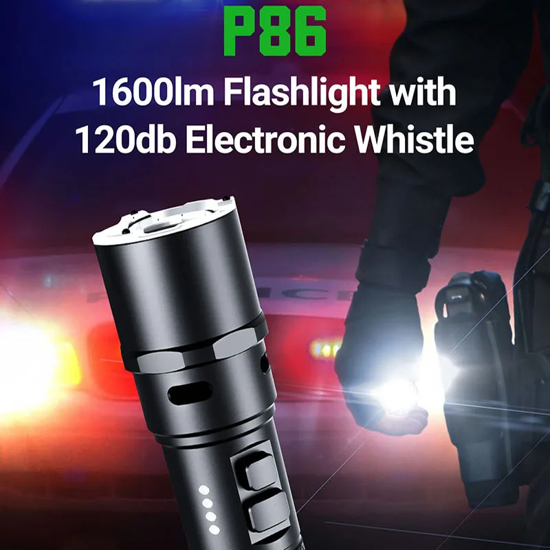 Nextorch P86 Duty/Tactical Flashlight with 120db Electronic Whistle, 1600 Lumens 305m Beam Throw, 18650 Battery, Direct Charging