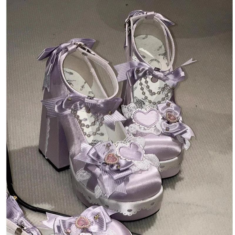 Purple Lolita Platform Lace Heart Bowknot Mary Jane Pumps Woman Summer 2026 Blue Sweet Cosplay Pearl Party Chunky Heel Shoes
