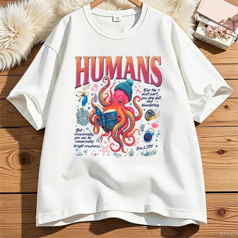 Funny Octopus Cotton Short Sleeve T Shirt Book Lover Friendship Tshirt Men Women Unisex Printed Casual T-shirt Crew Neck Tops
