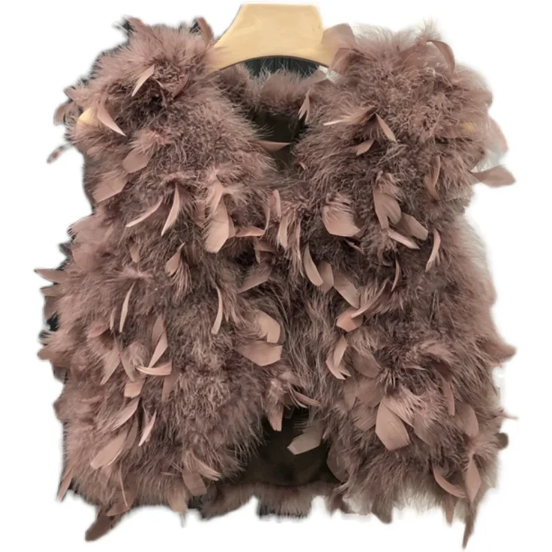 Stylish Feather-Trim Faux Fur Vest in White and Brown Faux Fur Vest | White House Black Market main image 2