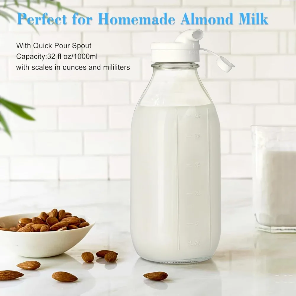 زجاجة حليب مع غطاء موزع، غطاء لولبي عالي التحمل بنسبة 100%. عبوتان من الزجاجات الزجاجية القابلة لإعادة الاستخدام سعة 32 أونصة مع 3 أغطية! الثدي