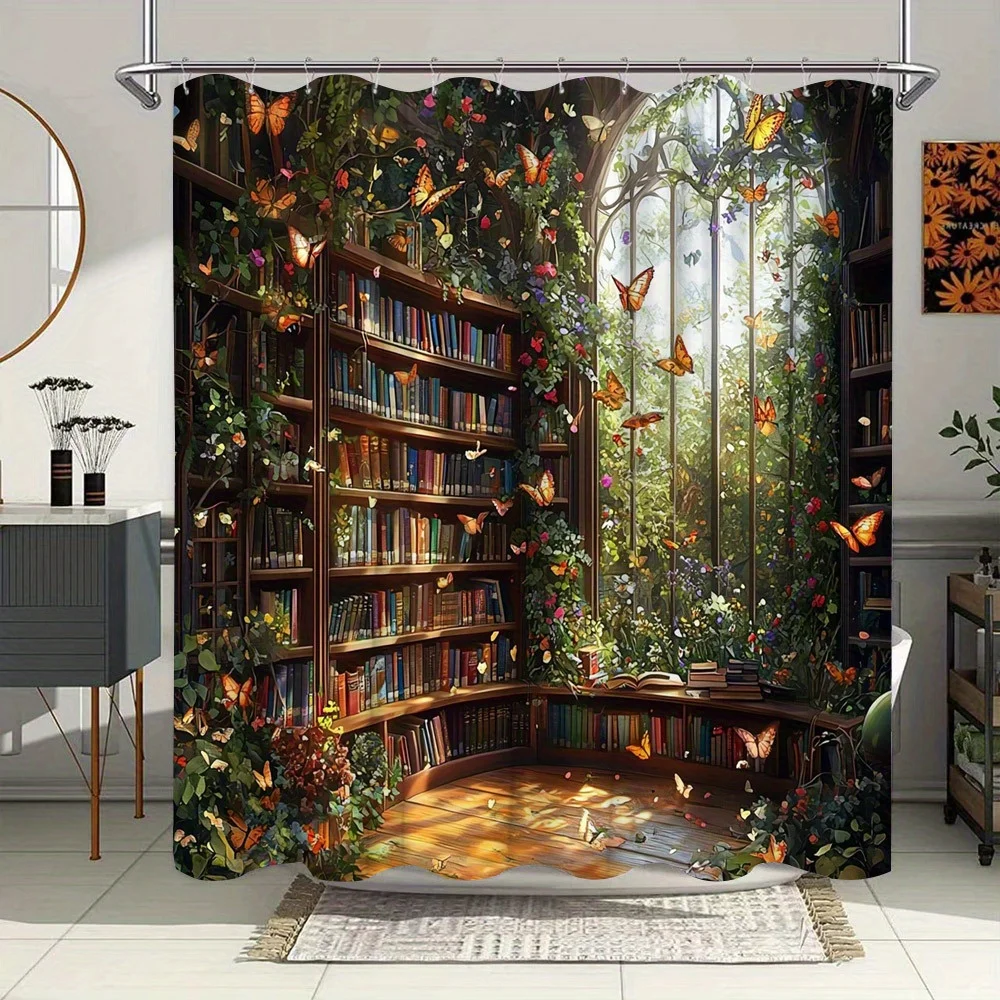 Enchanted Library Shower Curtain - Fantasy Bookshelf, Watercolor Art, Colorful Books & Butterflies, Water-Resistant