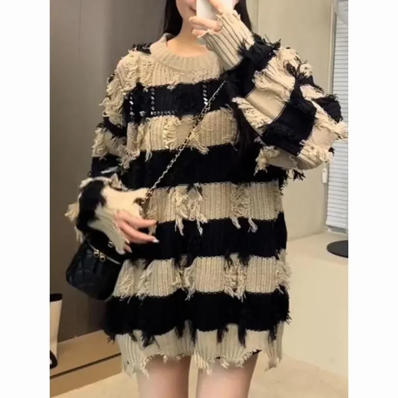 

Tassel Ripped Retro New Loose Round Neck American Striped Lazy Autumn Winter Sweater Top
