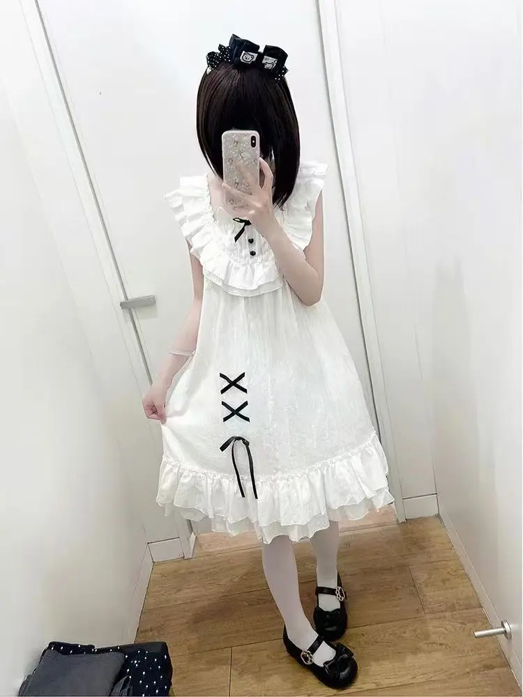 Kawaii Lace Dress Women Fashion Lolita Casual Bow Puff Sleeve Lace Sweet Dresses Summer New Japanese Lolita Outfits 2025 New