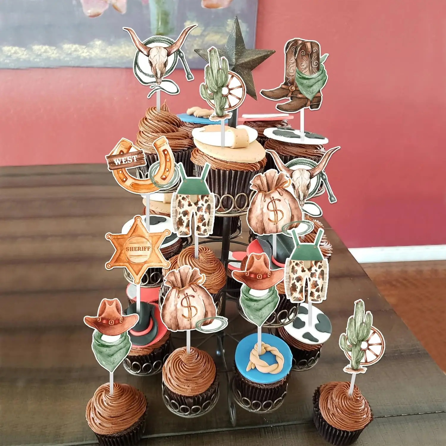 Cowboy Cupcake Toppers Cake Decorations,Western Cowgirl Theme Cupcake Toppers, Rustic Hat Boot Cupcake Birthday Party Supplies view 3