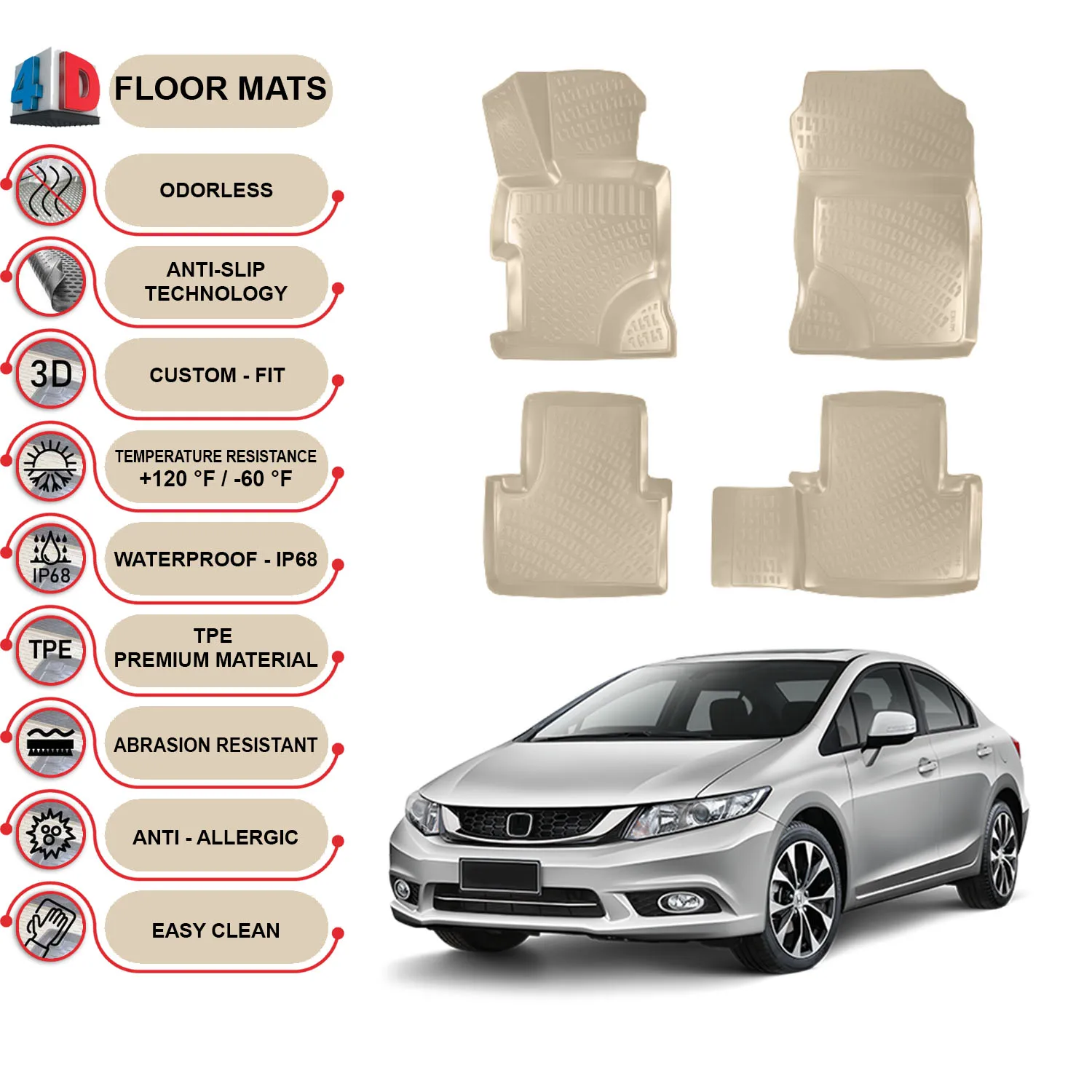 Honda Civic Sedan (2012-2016) Floor Mats Liner Waterproof 3D - (Beige)