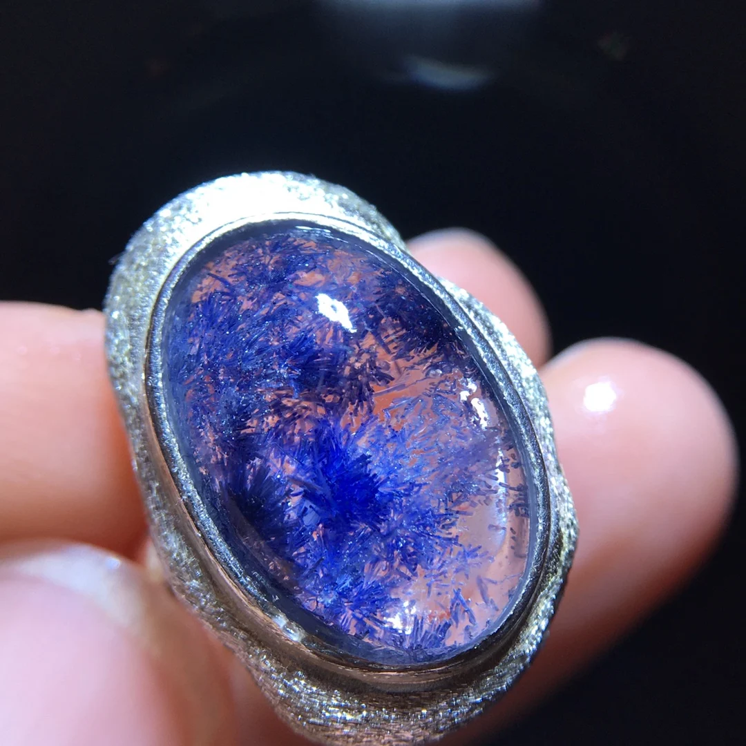 

Natural Blue Rutilated Dumortierite Quartz Adjustable Ring 16.5/10.8mm Oval Woman Men Ring Jewelry AAAAAAA