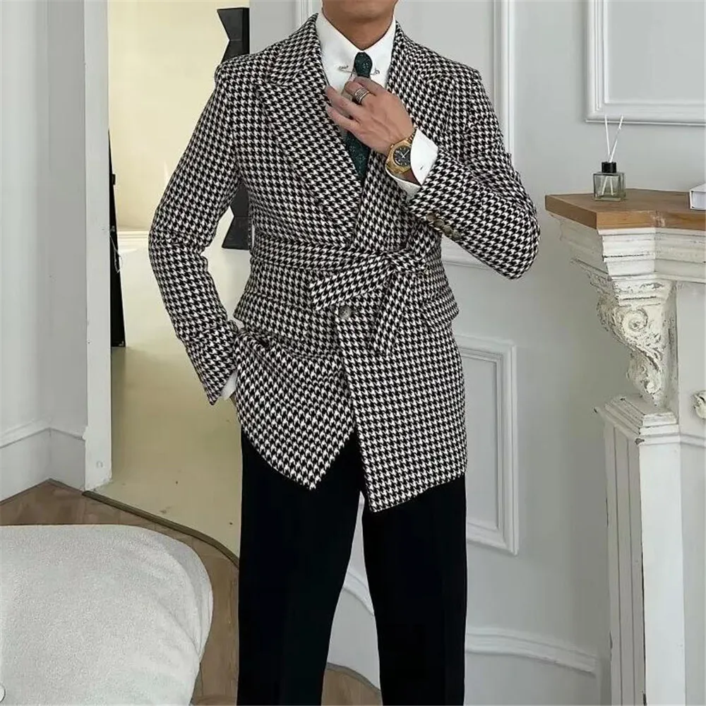 Elegant Houndstooth Groom Wedding Tuxedos Customized Double Breasted Jacket Pants 2 Pieces Man Business Prom Blazers Slim FIt