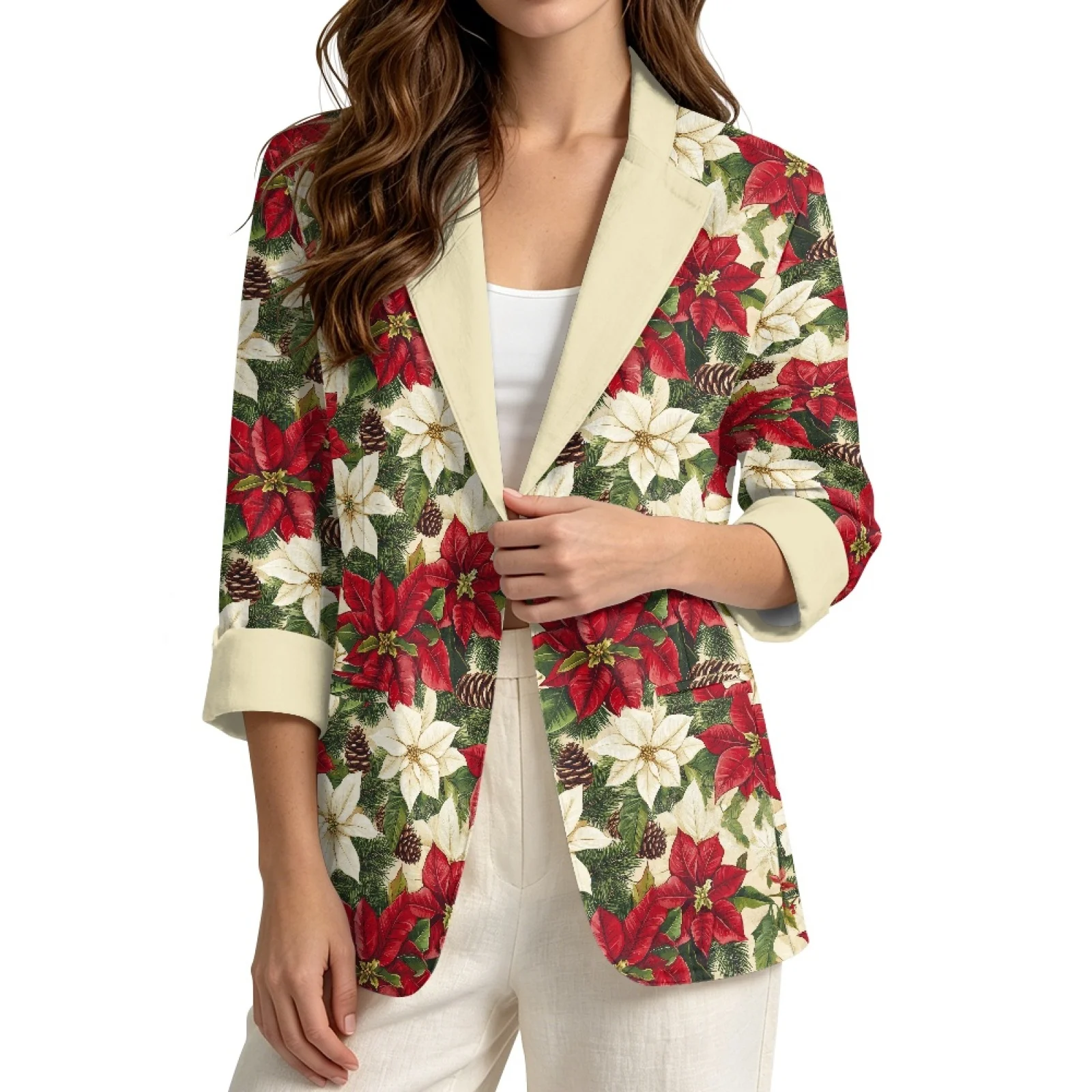 PENSTROLL Poinsettia Linen Style Outerwear Cover Up for Daily Wear 3/4 Sleeve Layering Piece Beach Cover Ups
