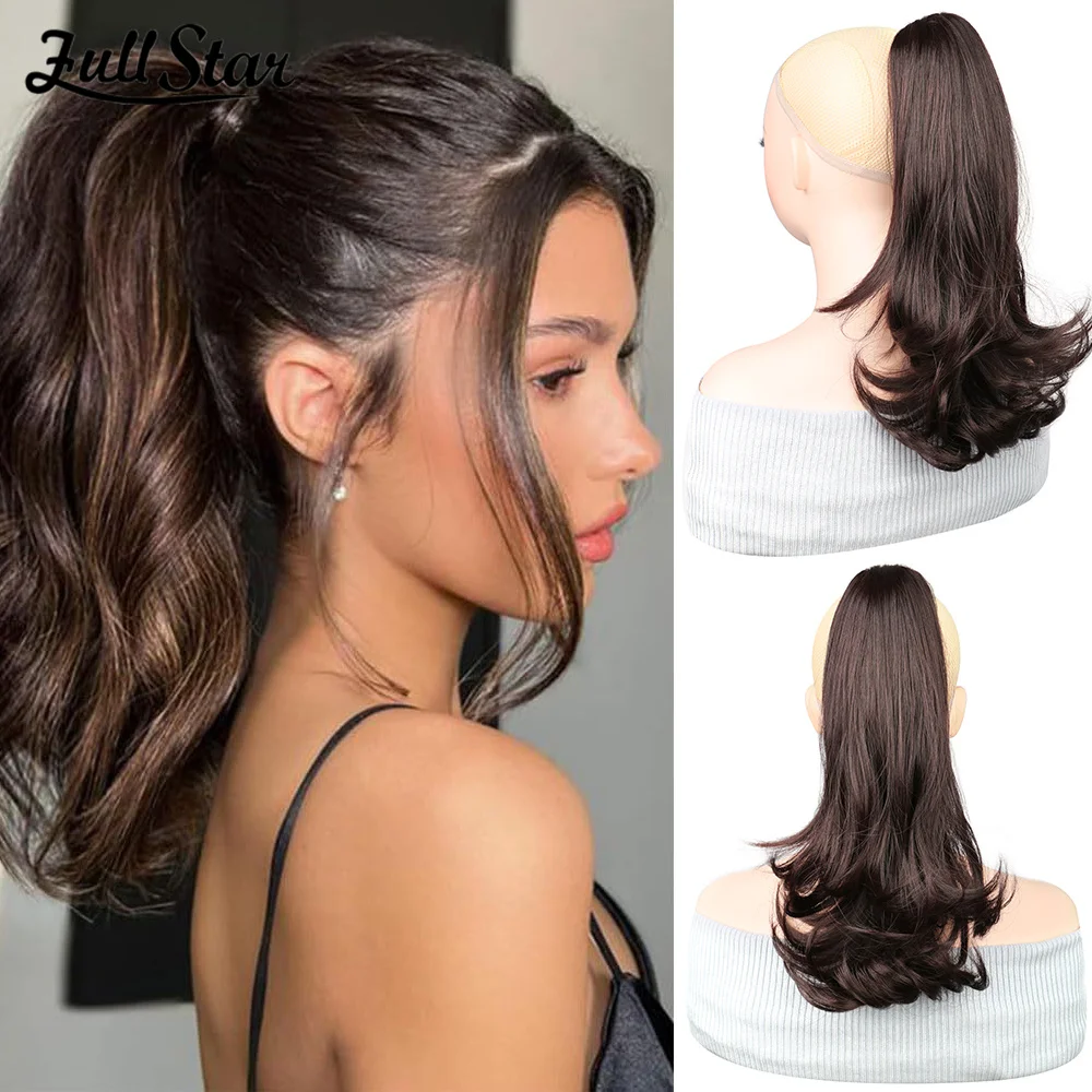 Ponytail Extension 16“ Curly Ponytail Claw Hair Extension Natural Looking Synthetic Hairpiece for Women, Dark Brown