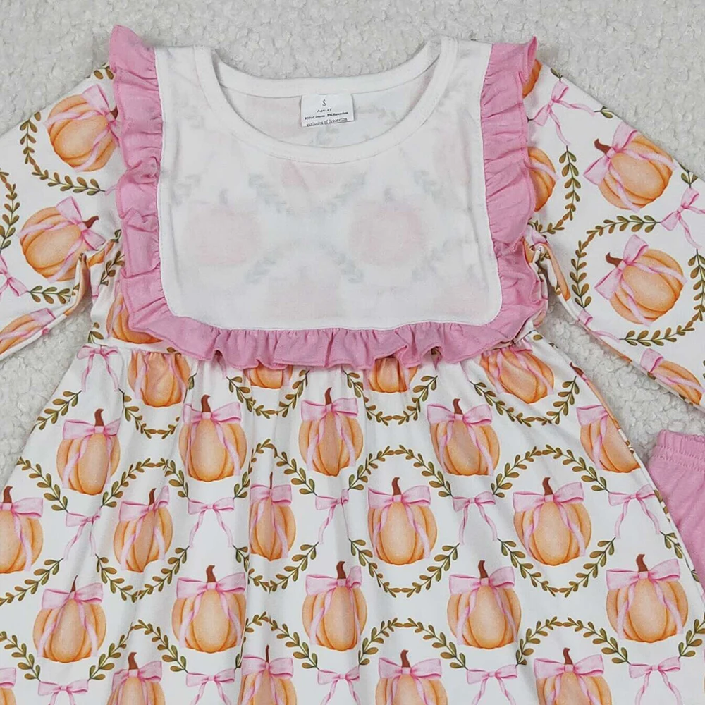 Baby Girls Plaid Tunic And Flame Pants Set with Ruffle Bow Pumpkin Design Pink Fall Clothing Outfit for Infants