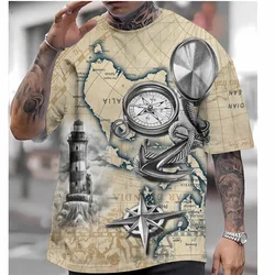 Vintage Compass Pattern T Shirt For Men Retro Map 3D Printed T-Shirts Summer Casual Oversized Short Sleeve Tees Round Neck Tops