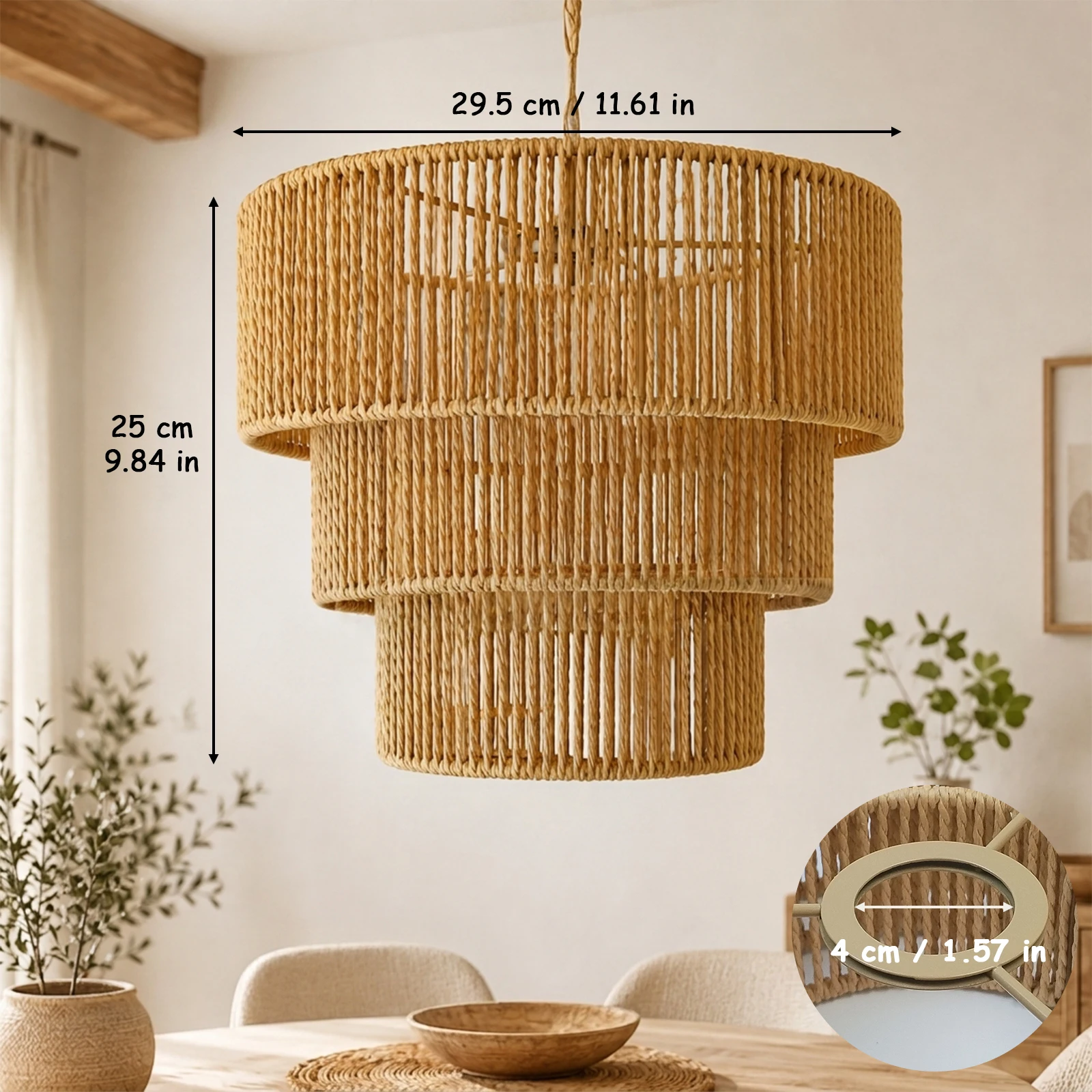 Boho 3‑Tier Woven Pendant Lamp Shade, Hand‑Woven Paper Rope Cylinder Replacement Lampshade for Hanging Ceiling Light, Farmhouse