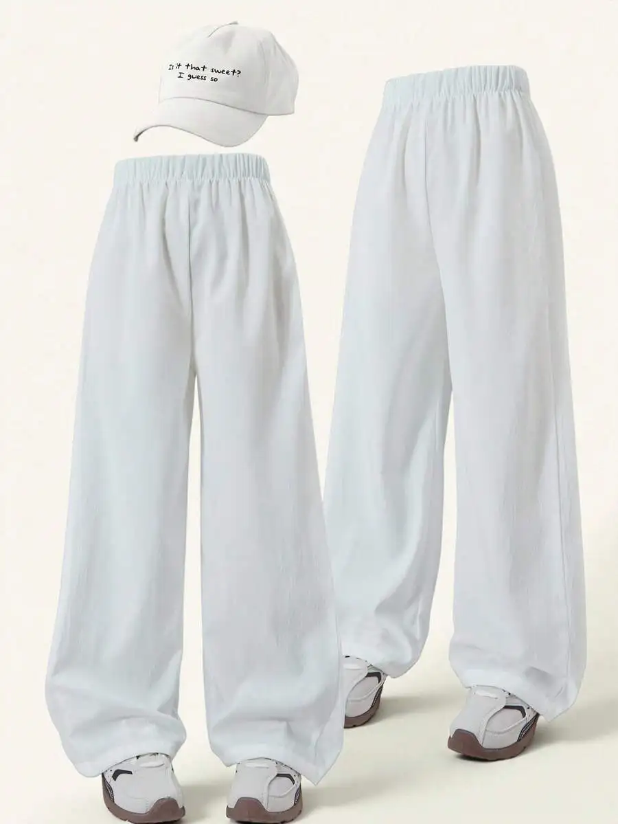 

White Loose Fit Wide Leg Pants for Girls, Soft Textured Fabric, Casual Comfortable Style