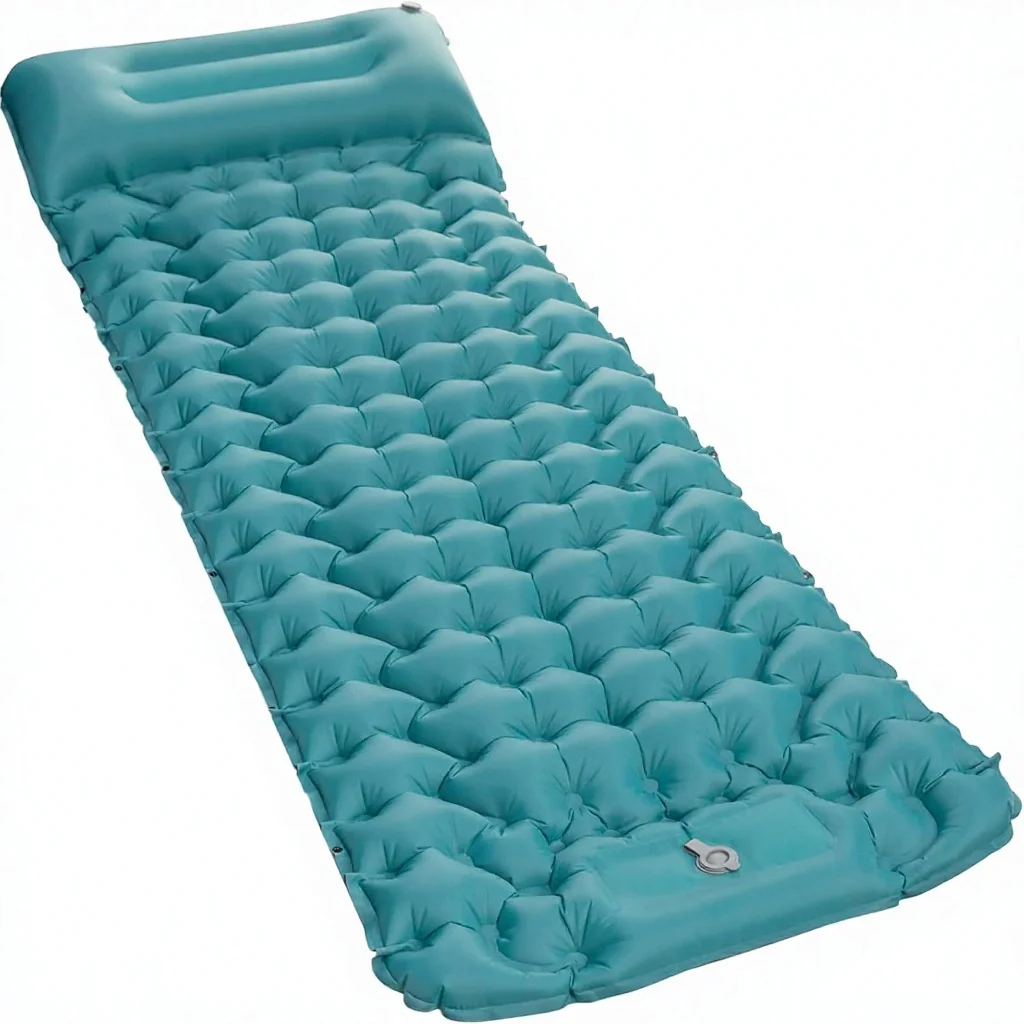 Inflatable Sleeping Pad Mattress 4" Thick Built-in Foot Pump Waterproof Camping Bed with Built-in Pillow Blue