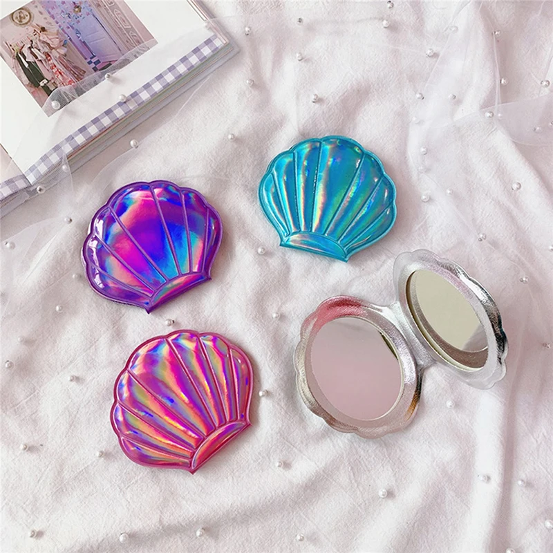 Shell Shape Makeup Mirror 2X Magnifying Mirror Portable Makeup Vanity Foldable Laser Pocket Mirror Cosmetic Hand Compact Mirror