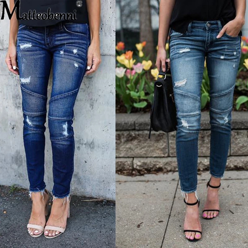 Fashion Mid Waist Skinny Jeans Women Vintage Distressed Denim Pants Autumn Crimped Destroyed Pencil  Casual Ripped 