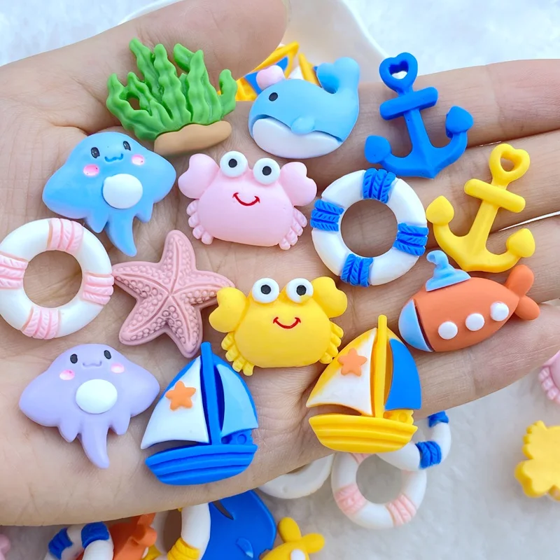 10Pcs New Cute Resin Mini Sailing Boats, Marine Animal Series Flat Back Manicure Parts Embellishments For Hair Bows Accessories