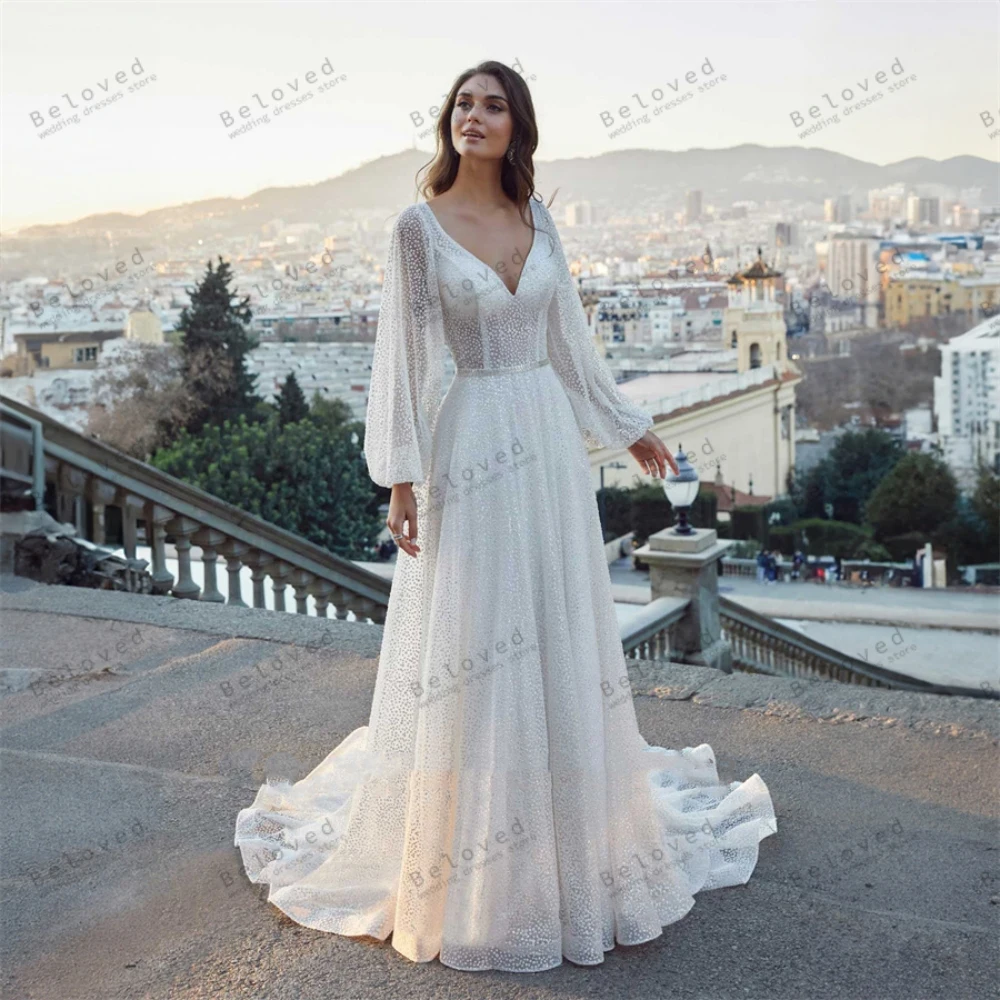 

Charming Wedding Dresses A-Line Lace Tiered Bridal Gowns Long Puff Sleeves Robes For Formal Party Backless Vestidos De Novia