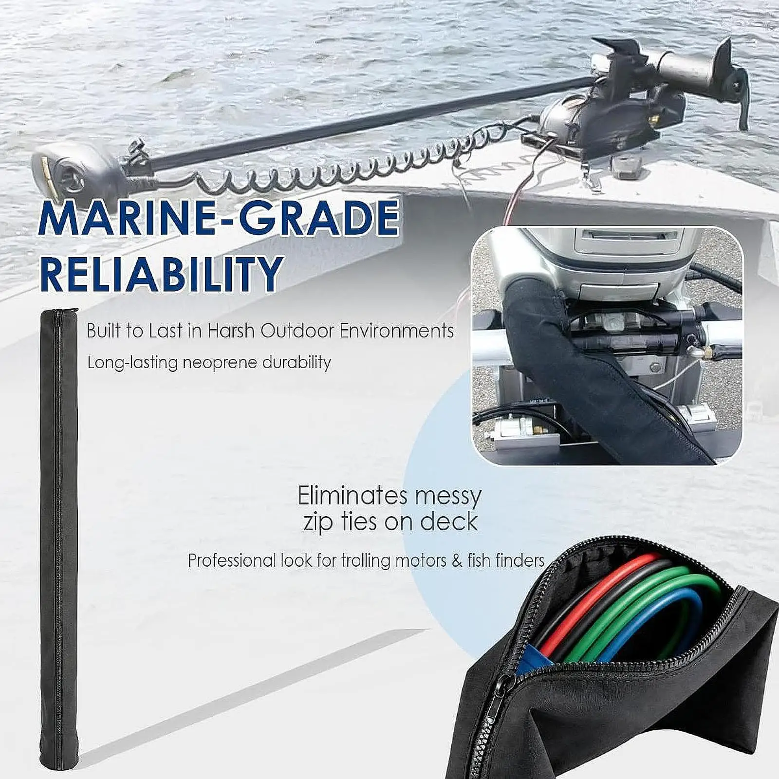 Trolling Motor Cable Sleeve Protector Accessory Quick Setup Weatherproof Wire Cover Boat Cable Cover Zippered Rigging Sleeve