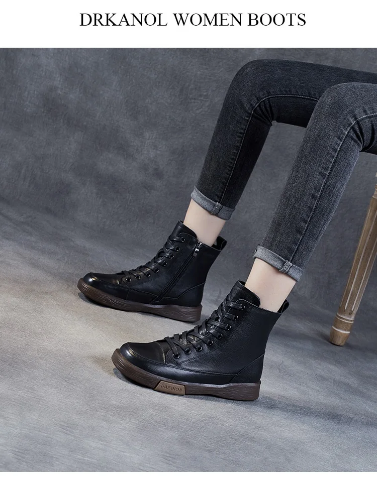 DRKANOL Frauen Echtes Leder Kurze Stiefel Runde Kappe Aus Echtem Leder Handgemachte Retro Street Style Winter Warme Wohnungen Stiefeletten – Detail 12