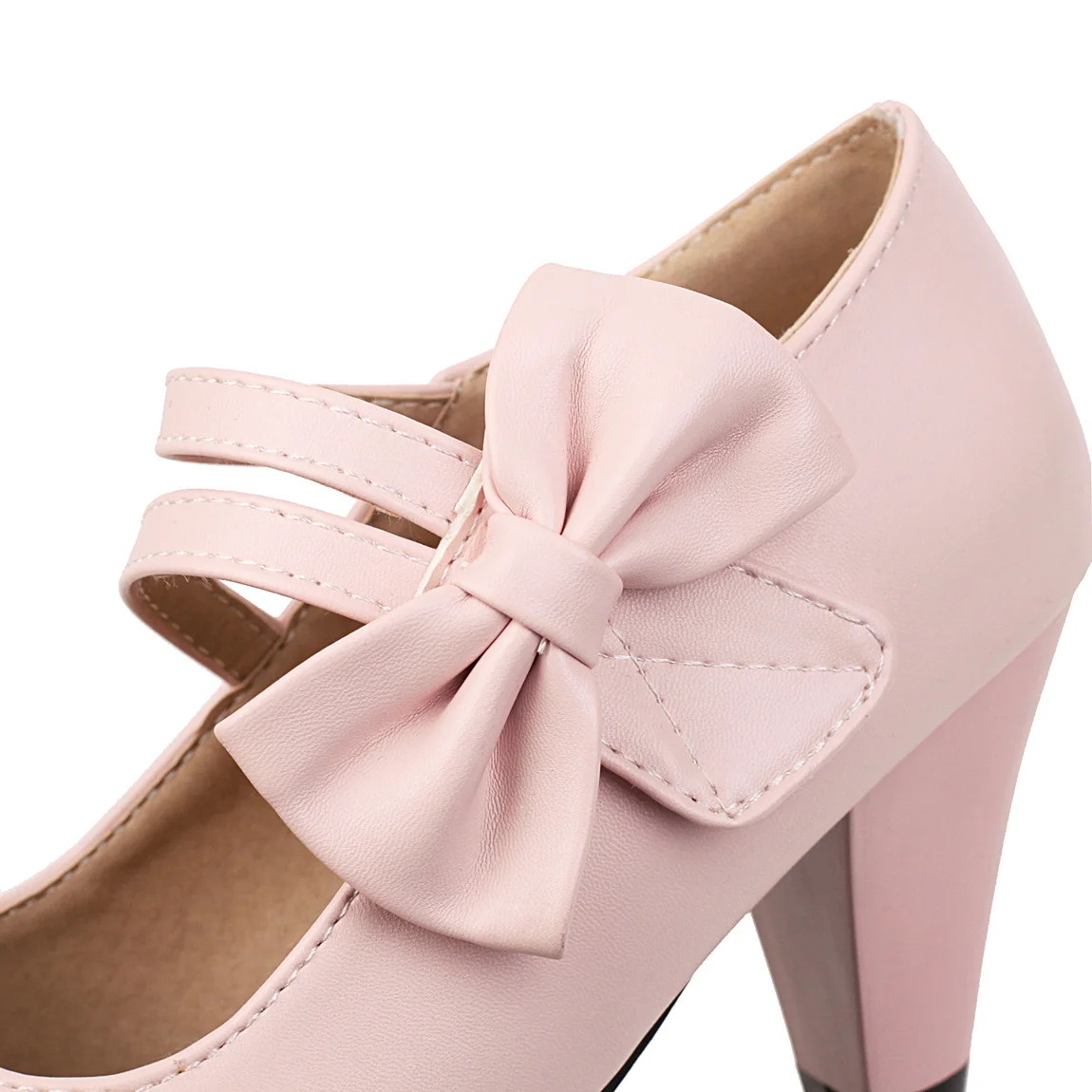 Pink Round Toe Kitten Heel Pumps with Bowknot Ankle Straps - Stylish Lolita PU Leather Chunky Shoes for Women Dance and Work