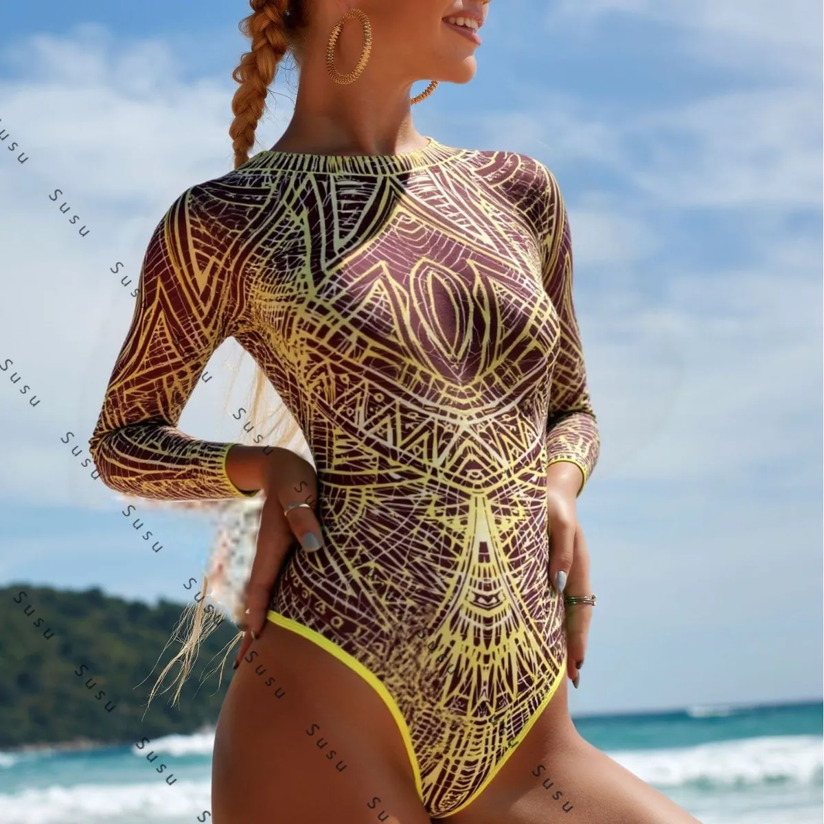 

New smart sunscreen swimsuit women's European and American long-sleeved mesh one-piece swimsuit Russian swimsuit short skirt