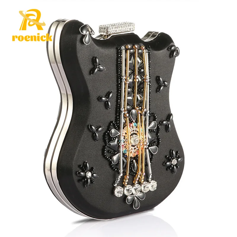 

ROENICK Women Violin Beaded Evening Bags Banquet Dinner Black Dress Handmade Crossbody Handbags Purse Party Club Mini Minaudiere