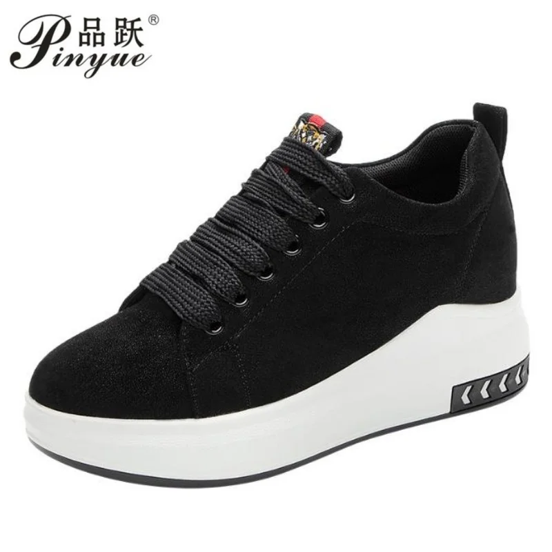 

8cm Women's Chunky blackSneakers Genuine Leather Hidden Heels Shoes Platform Casual shoes Woman Autumn Shoes 34-40