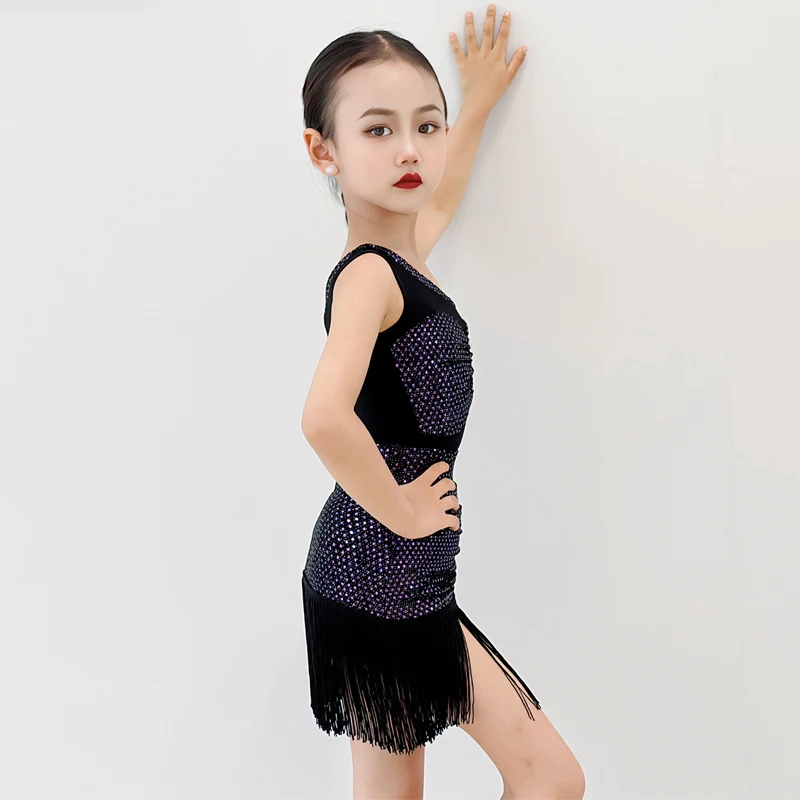 فساتين رقص أداء للأطفال بكتف واحد ترتر فستان الحفلات للفتيات تشاتشا سامبا أزياء مسابقة الرقص اللاتينية SL13081