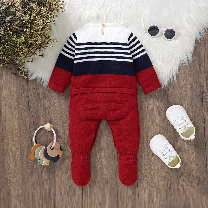 Newborn Baby Rompers Knitted Toddler Kid Clothing Fashion Striped 0-9M Foot Wrapping Infant Girl Boy Jumpsuit Long Sleeve Autumn