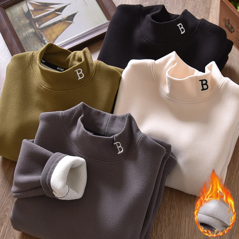Kids Thermal Shirt 4-12Y Half-Turtleneck Velvet Top Autumn Winter Letter Embroidery Plush Long Sleeve Blouse for Boys & Girls