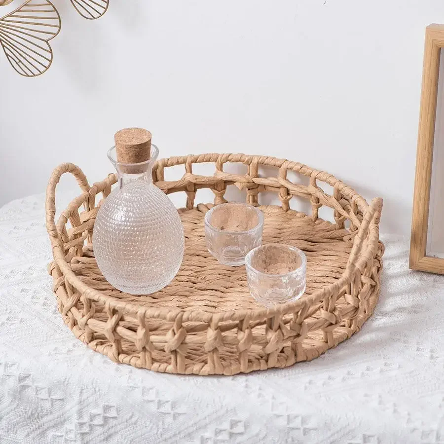 Pure Hand-woven Retro Desktop Round Fruit Basket Decorative Tea Tray Paper Rope Storage Basket Bakery Display Tray