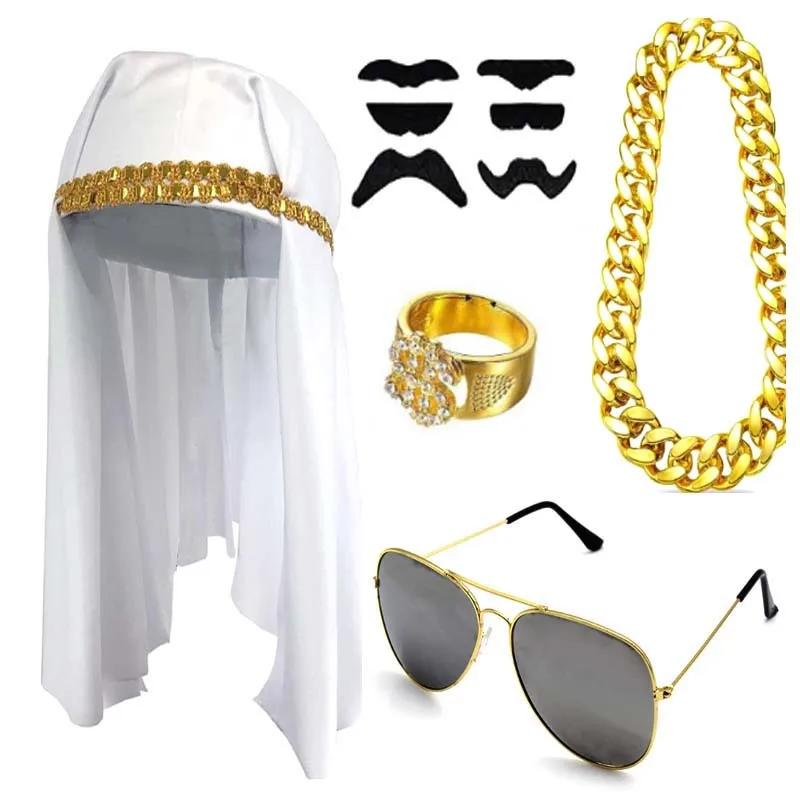 

Мужской арабский аксессуар для косплея на Ближнем Востоке, шляпа, очки для бороды, кольцо, ожерелье, реквизит для фотографии тематической вечеринки на Хэллоуин