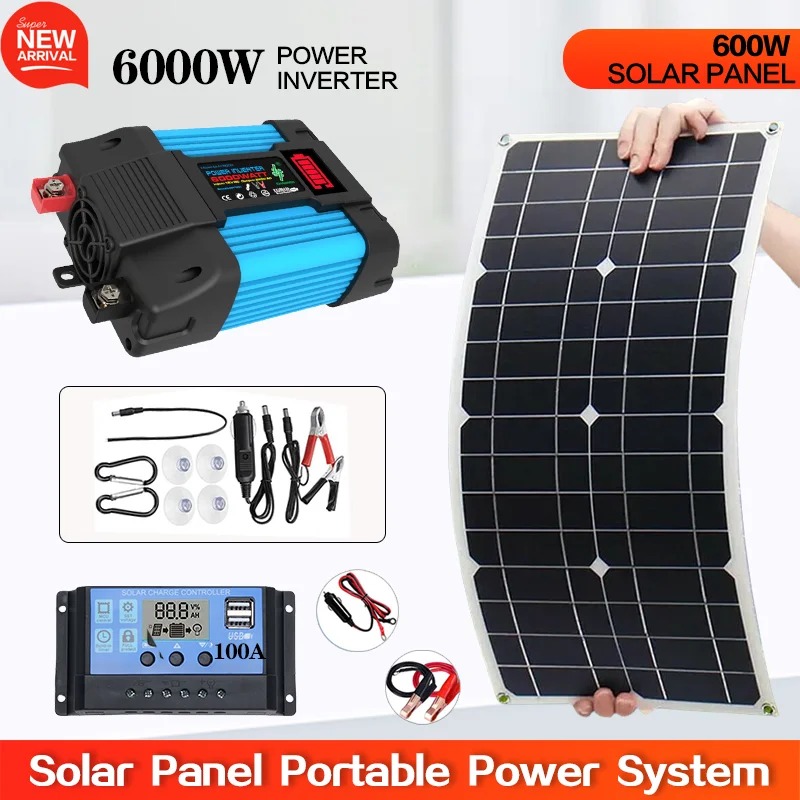 Panneau solaire portable pour la maison, le camping, le kit de panneau solaire, la banque d'alimentation, le contrôleur, la plaque solaire, le chargeur de batterie rapide, le montres et la voiture, 600W, 18V, 12V