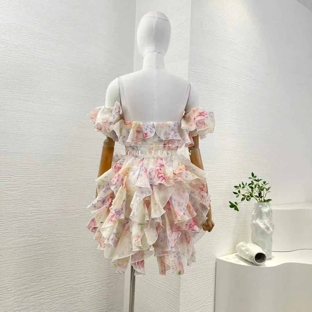 2025 New Hot Linen Collection Violet Purple Flowers Print Short Sleeve Ruffles Hem Mini Dress for Women