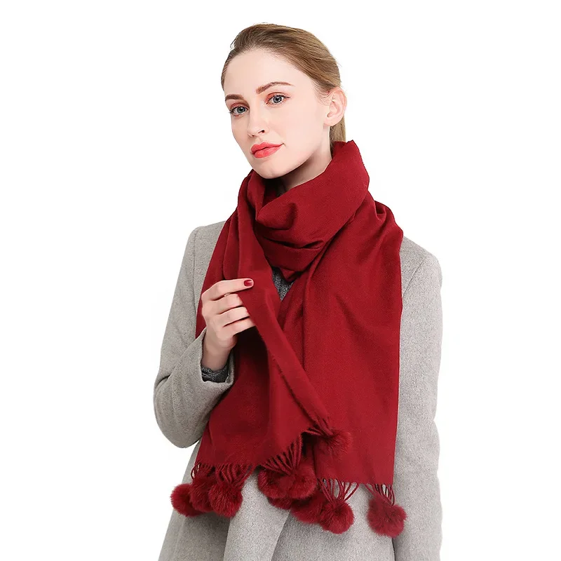 Fashion Solid Color Scarf for Women Luxury Cashmere Warm Tassel Hanging Rabbit Hair Ball Scarves Shawl Clothing Accessories Gift