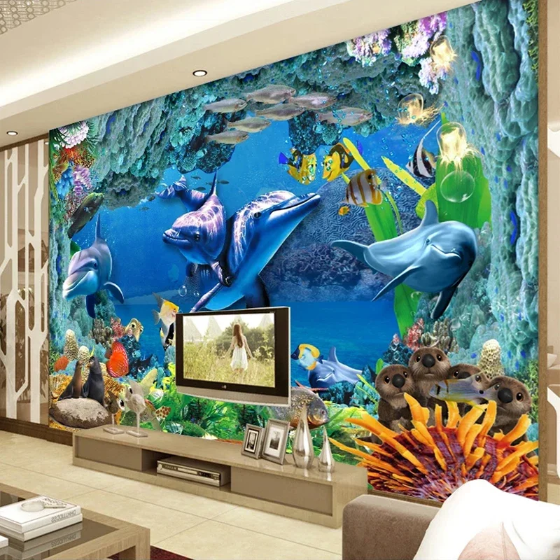 

Custom Underwater World Dolphin Coral Cave 3D Photo Wallpaper For Kids Room Living Bedroom TV Background Wall Mural Paper Tapety