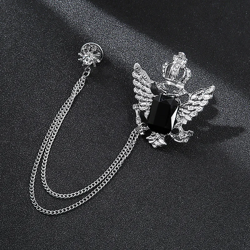 European and American style men's crown eagle colored gemstone chain brooch, bow tie accessories, suit chest fringed collar pin