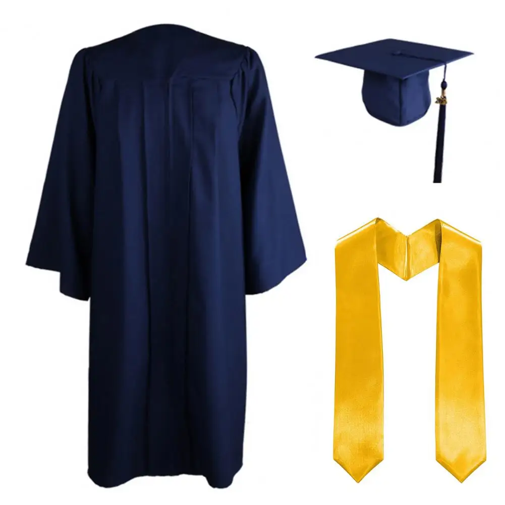 3 unids/set 2025 traje de graduación gorra de graduación mate estolas de hombro y vestido conjunto Unisex vestido suelto para la escuela secundaria