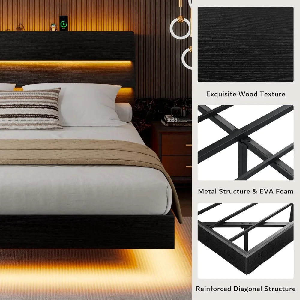 إطار سرير عائم iPormis Queen مع أضواء LED ومحطة شحن، وسرير بمنصة مع لوح رأسي للتخزين الخشبي، وشرائح فولاذية